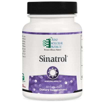A bottle of OrthoMolecular Products Sinatrol dietary supplement with a label indicating immune health, containing 60 capsules.