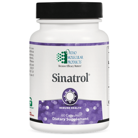 A bottle of OrthoMolecular Products Sinatrol dietary supplement with a label indicating immune health, containing 60 capsules.