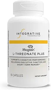A bottle of Integrative Therapeutics Magtein L-Threonate Plus dietary supplement with 90 capsules, labeled for supporting cognitive performance.