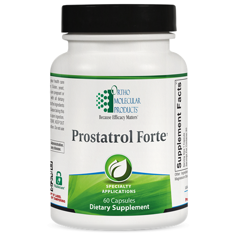 A bottle of OrthoMolecular Products Prostatrol Forte dietary supplement with 60 capsules, labeled for prostate health.