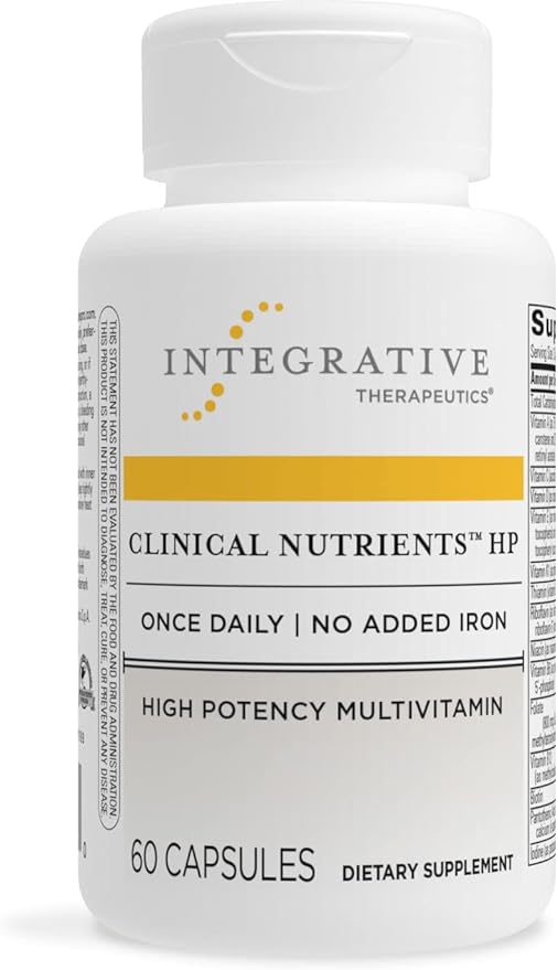 A bottle of Integrative Therapeutics Clinical Nutrients HP multivitamin supplements with 60 capsules, designed for comprehensive nutritional support with no added iron.