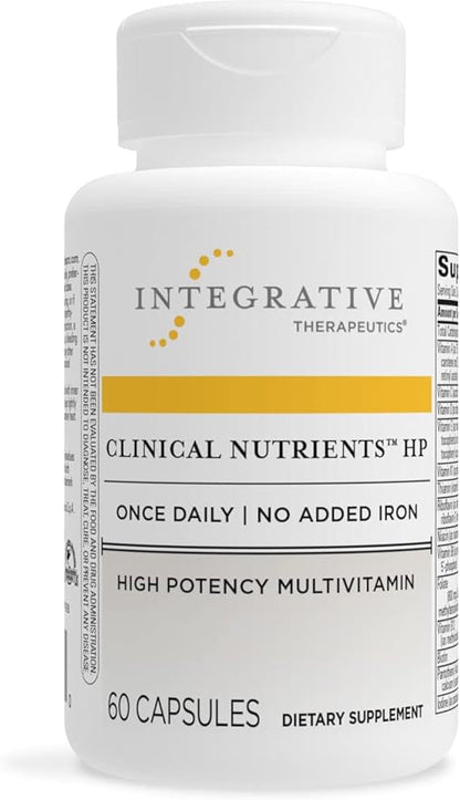 A bottle of Integrative Therapeutics Clinical Nutrients HP multivitamin supplements with 60 capsules, designed for comprehensive nutritional support with no added iron.