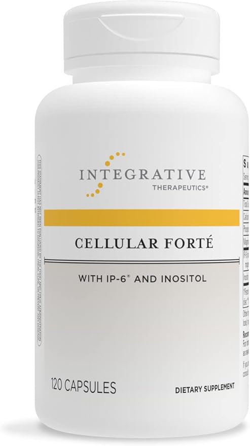 A bottle of Integrative Therapeutics Cellular Forte dietary supplement with 120 capsules inside. The label is white with a yellow band and black text, indicating the product is a dietary supplement.
