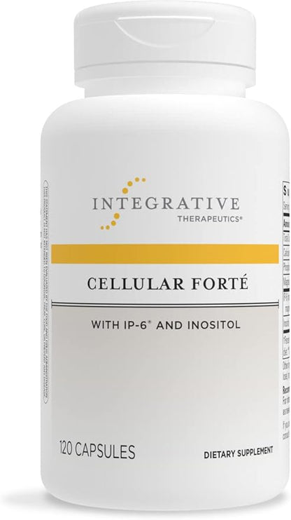 A bottle of Integrative Therapeutics Cellular Forte dietary supplement with 120 capsules inside. The label is white with a yellow band and black text, indicating the product is a dietary supplement.