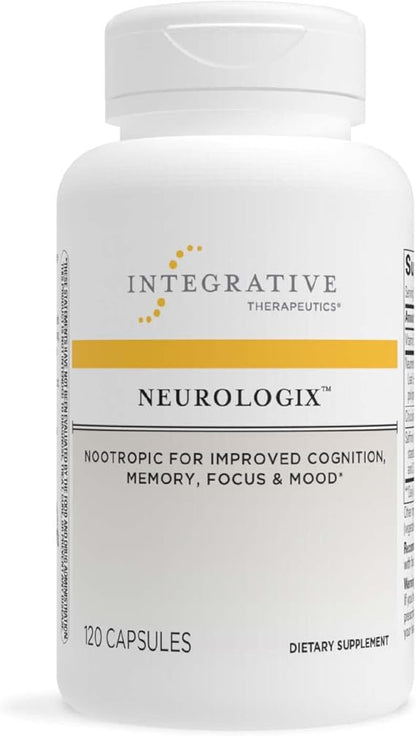 A bottle of Integrative Therapeutics Neurologix nootropic supplement with 28 capsules, formulated for improved cognition, memory, focus, and mood.