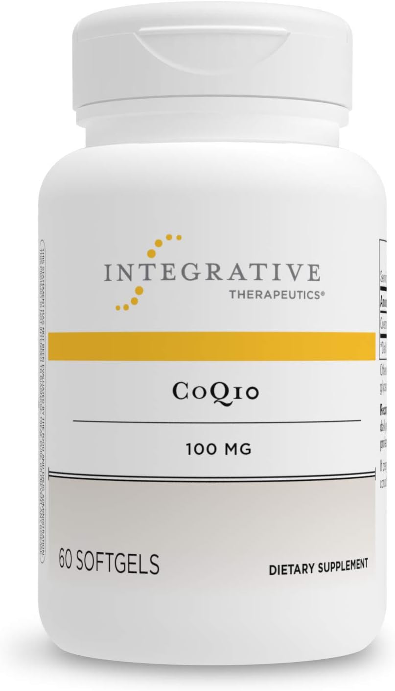 A bottle of Integrative Therapeutics CoQ10 100mg dietary supplement containing 50 softgels.