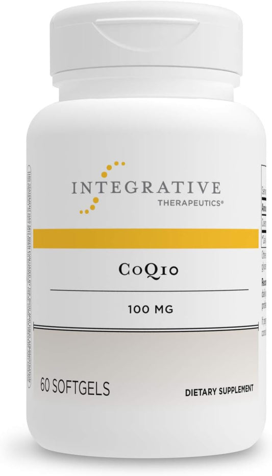 A bottle of Integrative Therapeutics CoQ10 100mg dietary supplement containing 50 softgels.