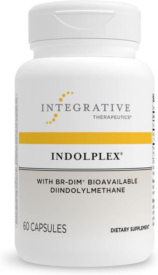 A bottle of Integrative Therapeutics Indolplex dietary supplement with 60 capsules, featuring a white and yellow label.