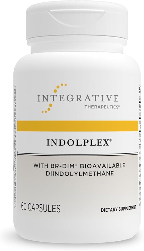 A bottle of Integrative Therapeutics Indolplex dietary supplement with 60 capsules, labeled for supporting healthy estrogen metabolism.