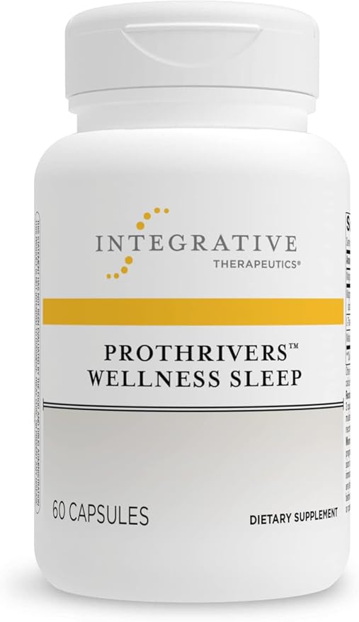 A bottle of Integrative Therapeutics ProThrivers Wellness Sleep supplements with 60 capsules inside, formulated with melatonin, magnesium, l-theanine, and magnolia.