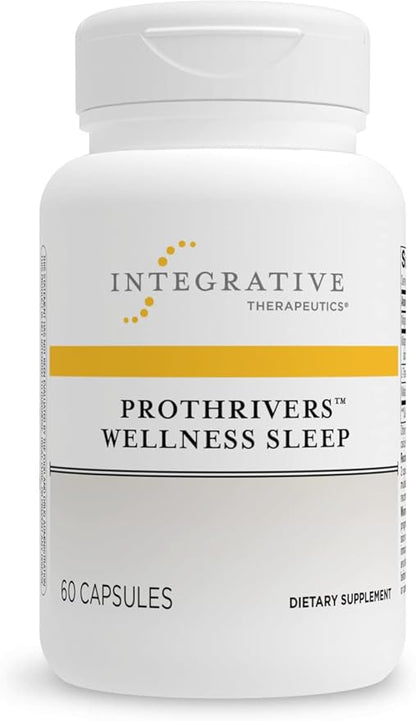 A bottle of Integrative Therapeutics ProThrivers Wellness Sleep supplements with 60 capsules inside, formulated with melatonin, magnesium, l-theanine, and magnolia.