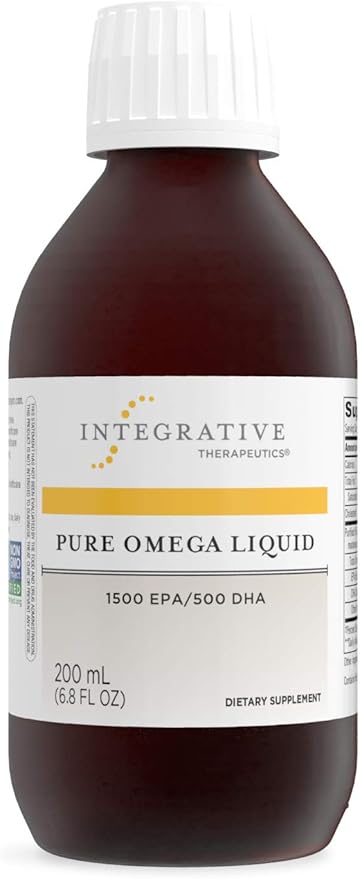 A bottle of Integrative Therapeutics Pure Omega Liquid, with a dark tinted liquid visible through the bottle, labeled as providing 1500 mg EPA/500 mg DHA.