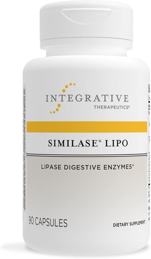 A bottle of Integrative Therapeutics Similase Lipo dietary supplement with 90 capsules, primarily white and blue in color with yellow accents.