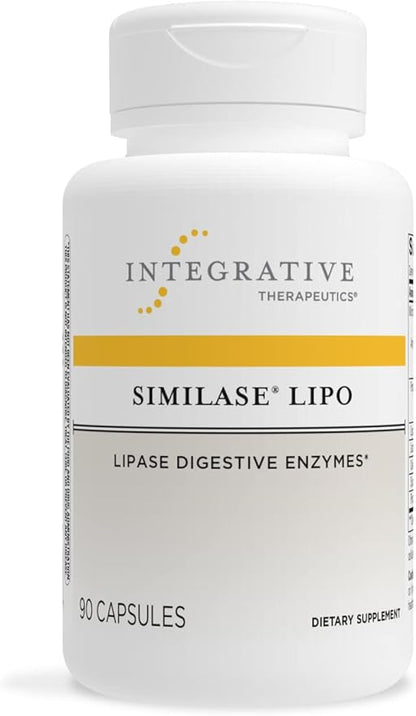 A bottle of Integrative Therapeutics Similase Lipo dietary supplement with 90 capsules, primarily white and blue in color with yellow accents.