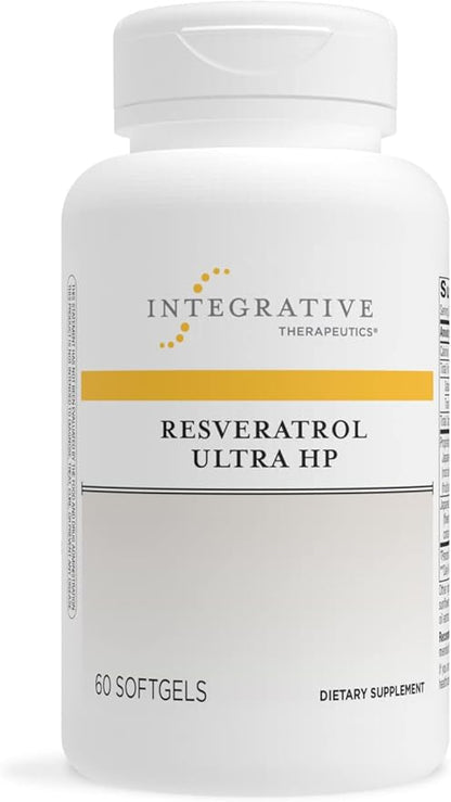 A bottle of Integrative Therapeutics Resveratrol Ultra HP dietary supplement with 60 softgels.