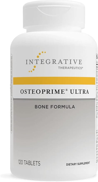 A bottle of Integrative Therapeutics OsteoPrime Ultra bone formula tablets.