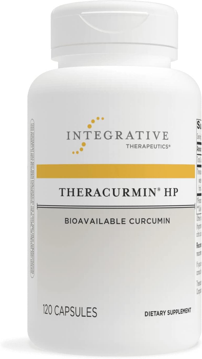 A bottle of Integrative Therapeutics Theracurmin HP, which is a dietary supplement containing bioavailable curcumin.