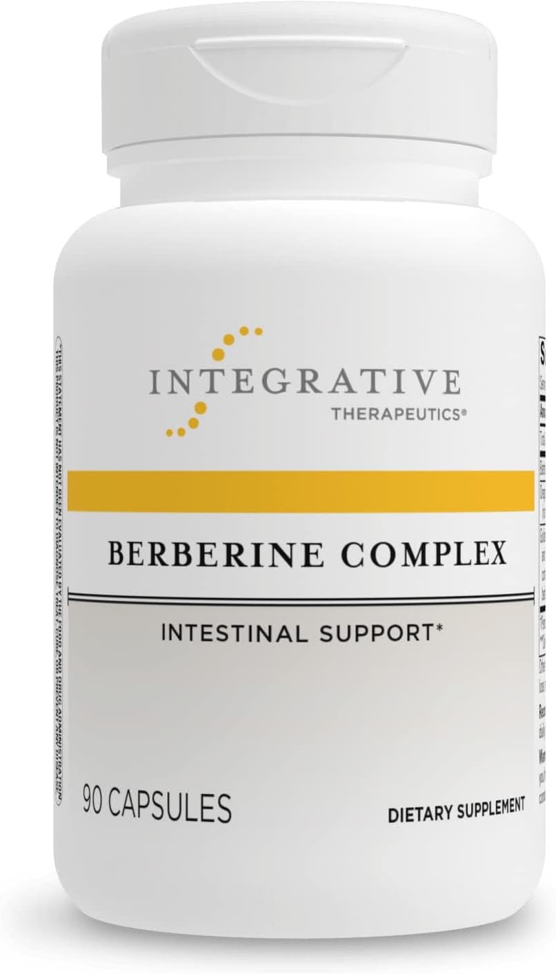 A bottle of Integrative Therapeutics Berberine Complex dietary supplement with 90 capsules, labeled as intestinal support.
