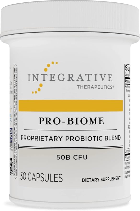 A container of Integrative Therapeutics Pro-Biome Proprietary Probiotic Blend with 50B CFU, containing 30 capsules for digestive and immune health.