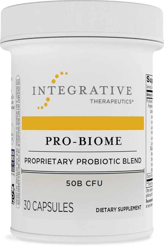 A container of Integrative Therapeutics Pro-Biome Proprietary Probiotic Blend with 50B CFU, containing 30 capsules for digestive and immune health.