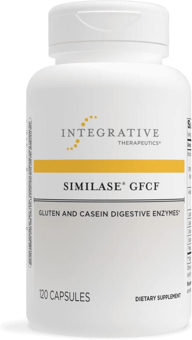 A bottle of Integrative Therapeutics Similase GFCF dietary supplement with 100 capsules, designed for gluten and casein digestion.