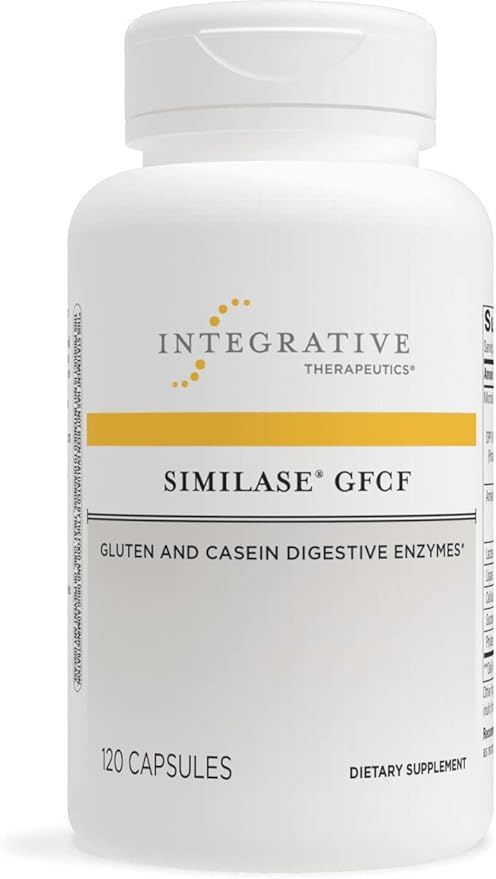 A bottle of Integrative Therapeutics Similase GFCF dietary supplement with 100 capsules for gluten and casein digestion.