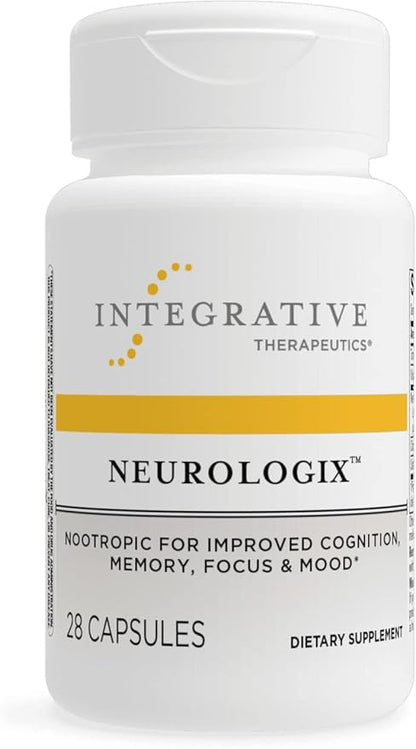 A bottle of Integrative Therapeutics Neurologix nootropic supplement with 28 capsules, formulated for improved cognition, memory, focus, and mood.