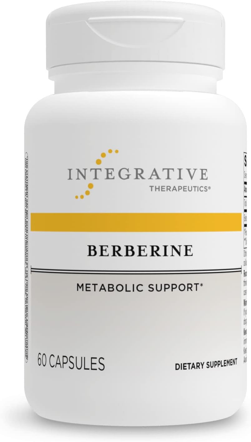 A bottle of Integrative Therapeutics Berberine supplement with 60 capsules, labeled as metabolic support.