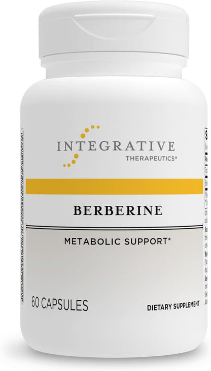 A bottle of Integrative Therapeutics Berberine supplement with 60 capsules, labeled as metabolic support.