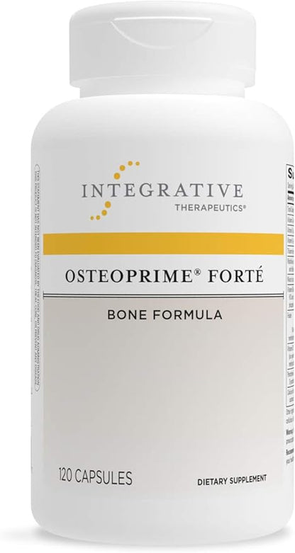 A bottle of Integrative Therapeutics Osteoprime Forte, a bone formula dietary supplement with 120 capsules.