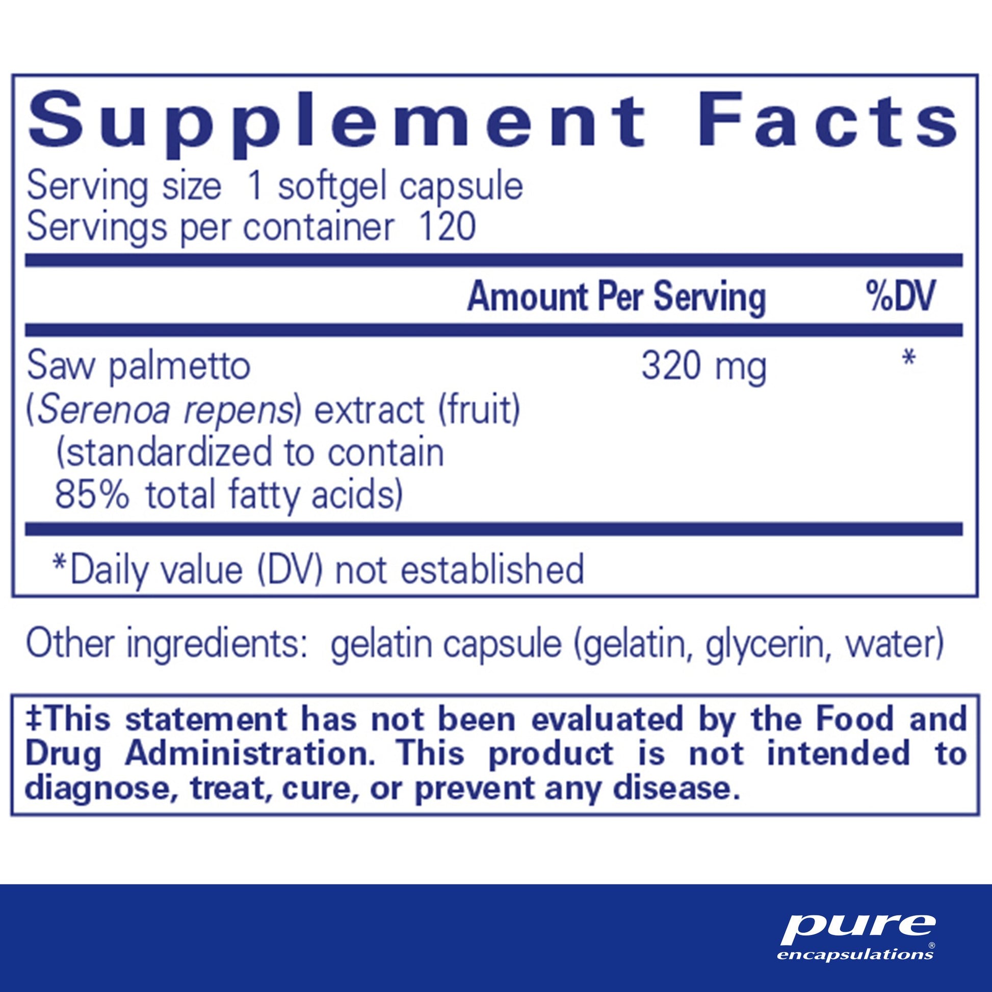 Supplement facts and ingreient information for a  bottle of Pure Encapsulations Saw Palmetto 320 dietary supplement 