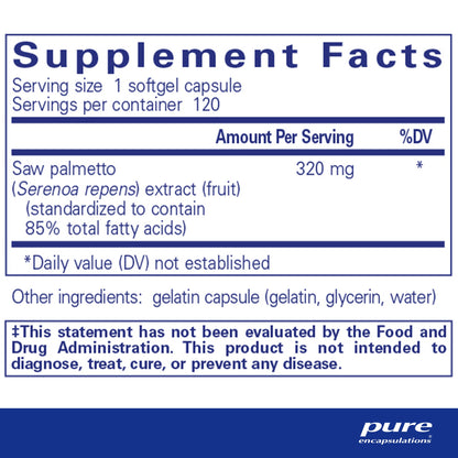 Supplement facts and ingreient information for a  bottle of Pure Encapsulations Saw Palmetto 320 dietary supplement 