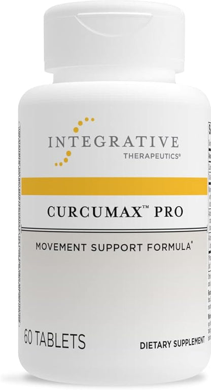 A bottle of Integrative Therapeutics Curcumax Pro supplement with 60 tablets, labeled as a movement support formula.