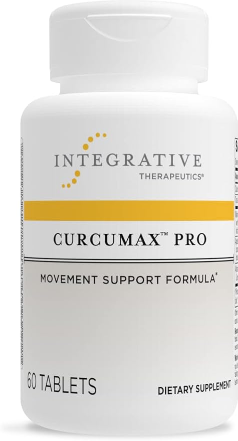 A bottle of Integrative Therapeutics Curcumax Pro supplement with 60 tablets, labeled as a movement support formula.