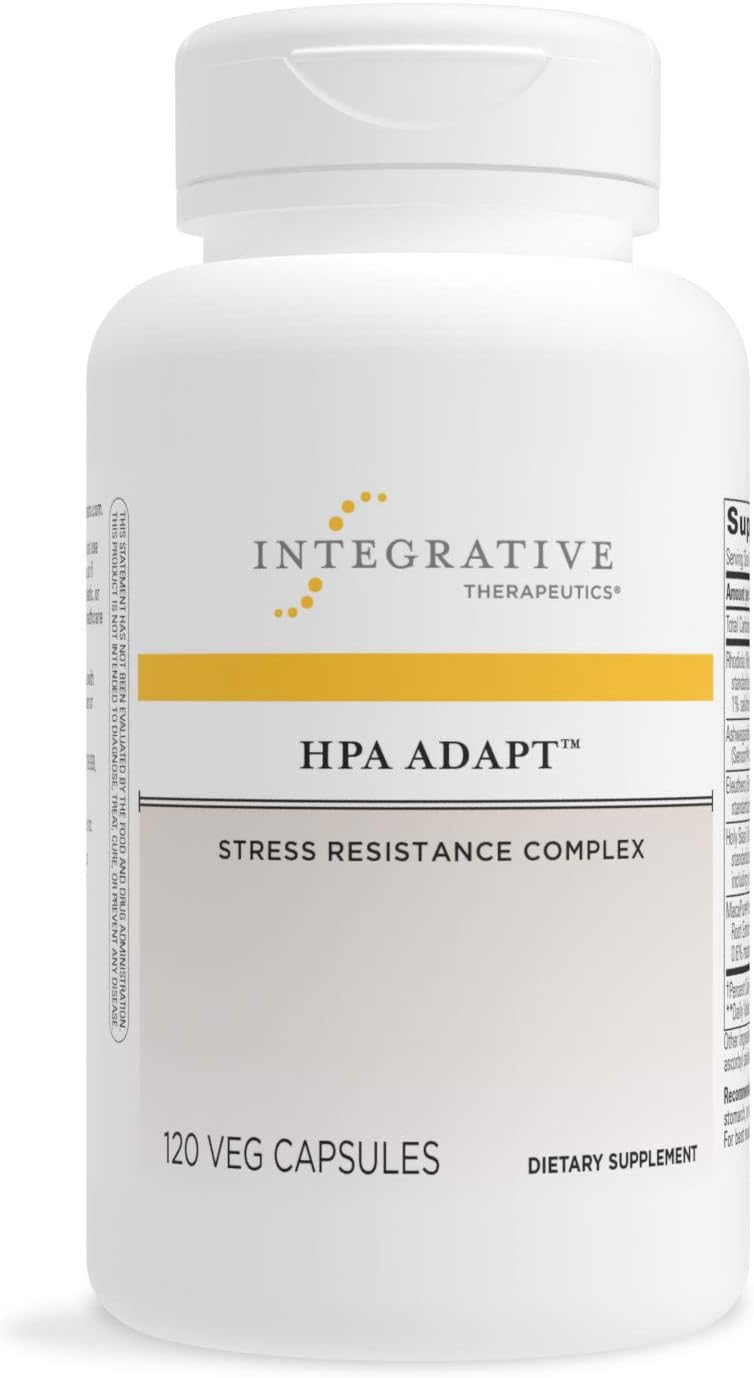 A bottle of Integrative Therapeutics HPA Adapt, which contains 120 vegetable capsules. The label indicates it is a stress resistance complex.