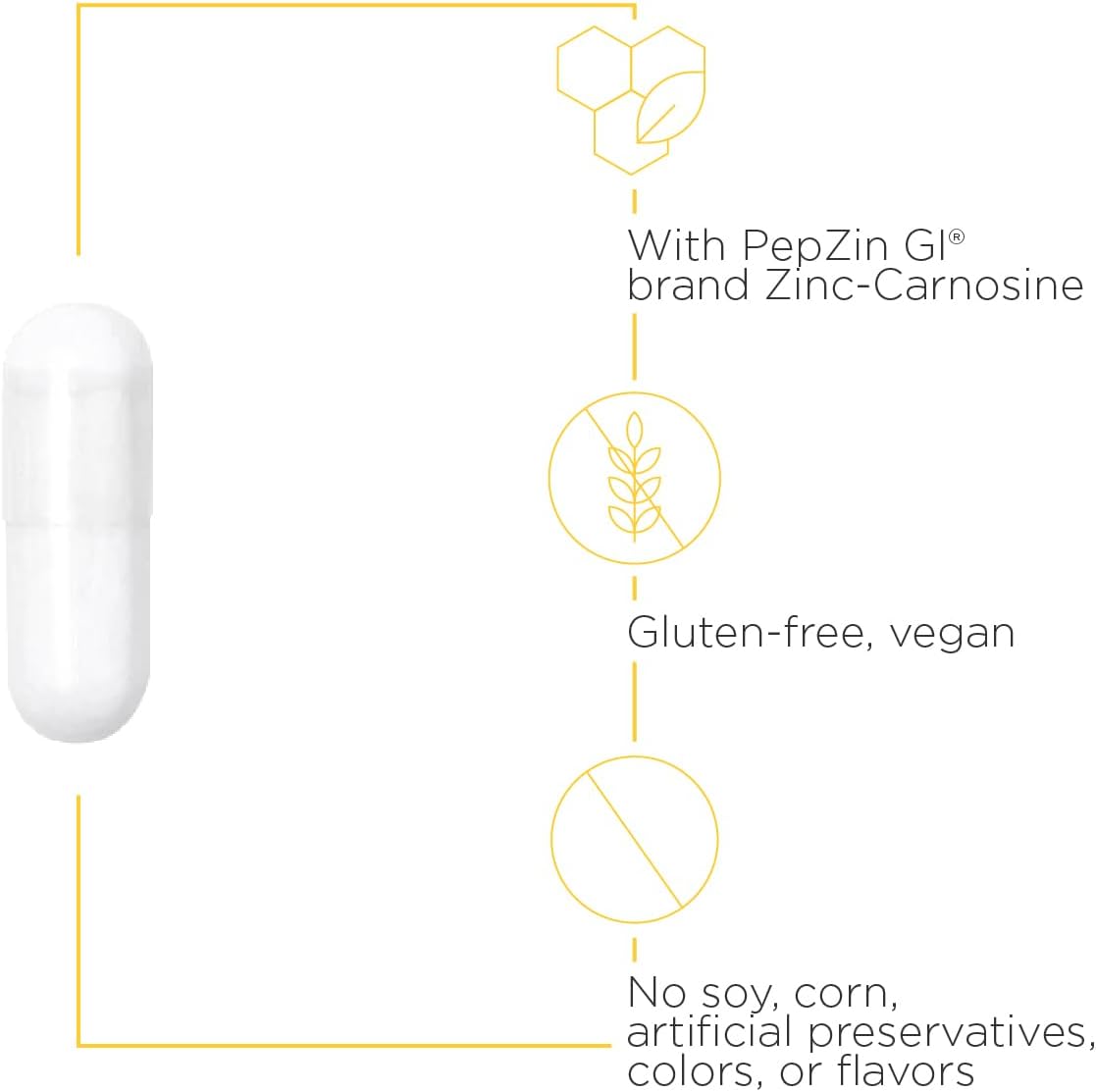 A white capsule that is free of gluten, soy, corn, artificial preservatives, colors, and flavors and it is vegan.  