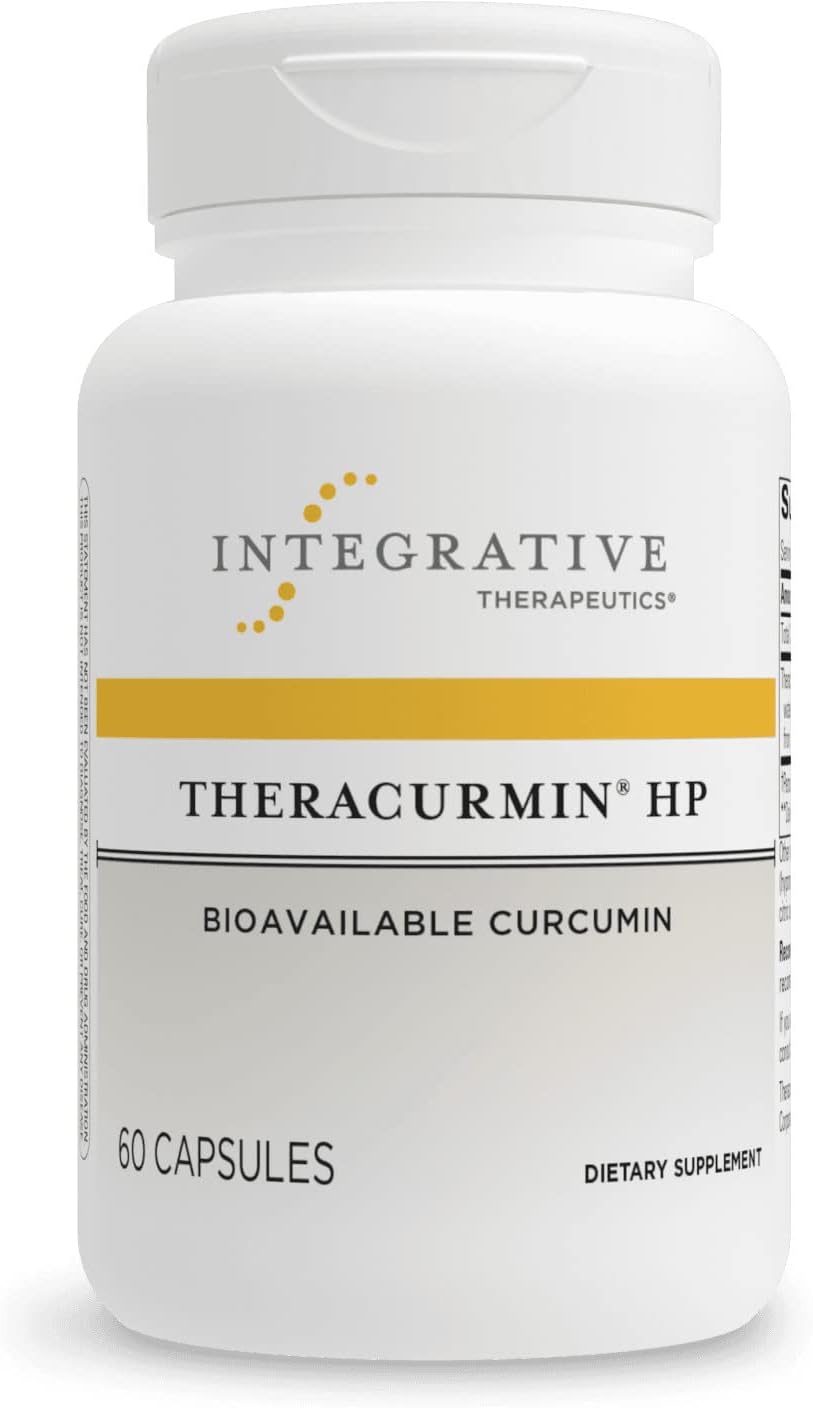 A bottle of Integrative Therapeutics Theracurmin HP, which is a dietary supplement containing bioavailable curcumin.
