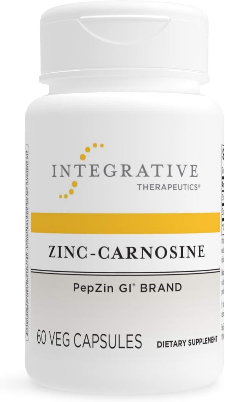 A bottle of Integrative Therapeutics Zinc-Carnosine dietary supplement containing 60 vegetable capsules.