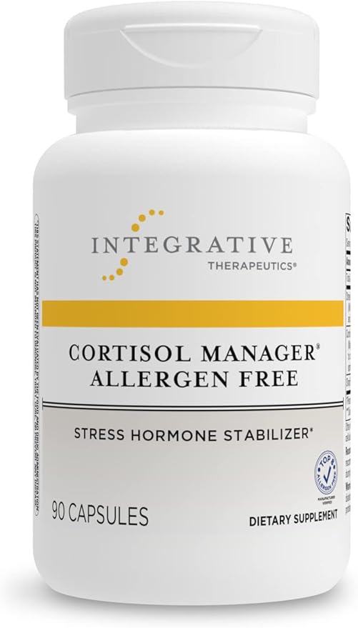 A bottle of Integrative Therapeutics Cortisol Manager Allergen-Free dietary supplement with 90 capsules.