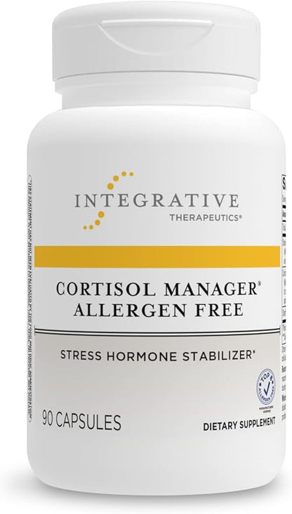 A bottle of Integrative Therapeutics Cortisol Manager Allergen-Free dietary supplement with 90 capsules.