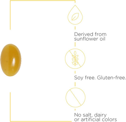 A picture of a gold color softgel that is derived from sunflower oil.  It is free of gluten, soy, salt, dairy, or artificial colors.  