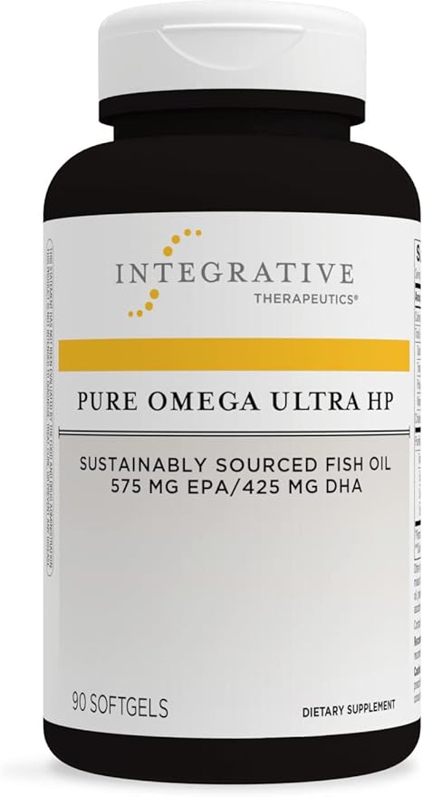 A bottle of Integrative Therapeutics Pure Omega Ultra HP supplements with 575 mg EPA and 425 mg DHA, featuring 90 softgels.