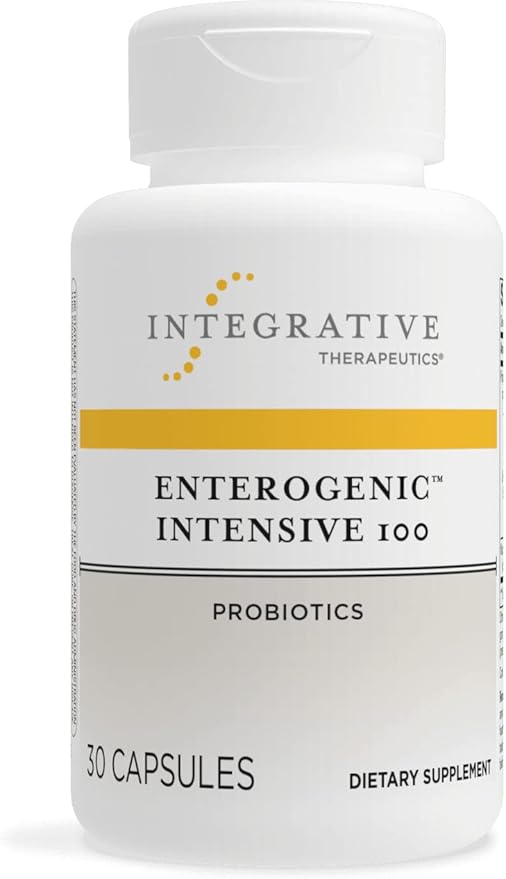 A bottle of Integrative Therapeutics Enterogenic Intensive 100 probiotic supplements with 30 capsules inside, designed for digestive support.