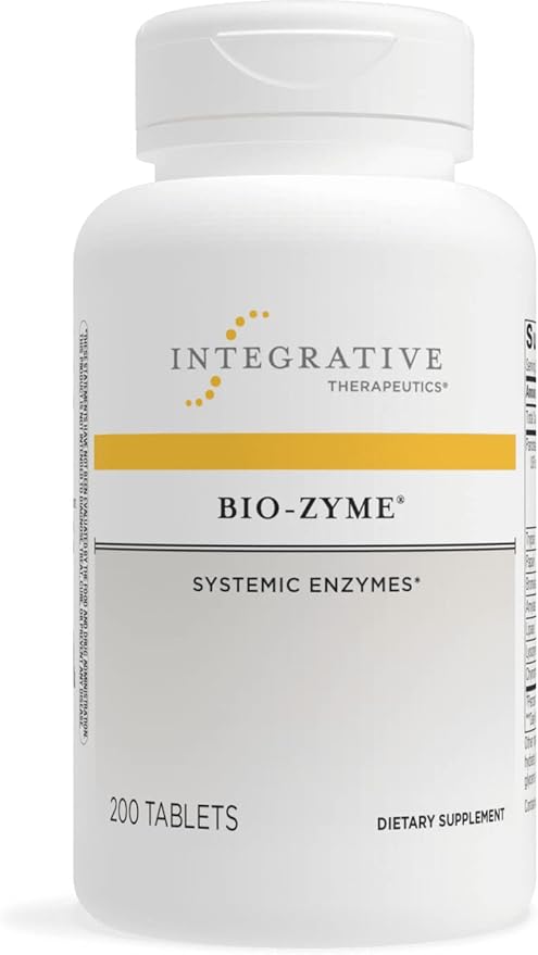 A bottle of Integrative Therapeutics Bio-Zyme dietary supplement containing 200 tablets for digestive support.