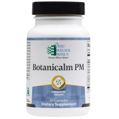 A bottle of OrthoMolecular Products Botanicalm PM dietary supplement with 60 capsules, labeled for endocrine health and supporting sleep.