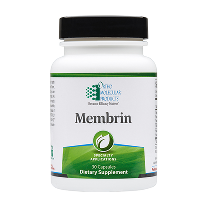 A bottle of Orthomolecular Products Membrin dietary supplement capsules, with labeling detailing product uses and ingredients.