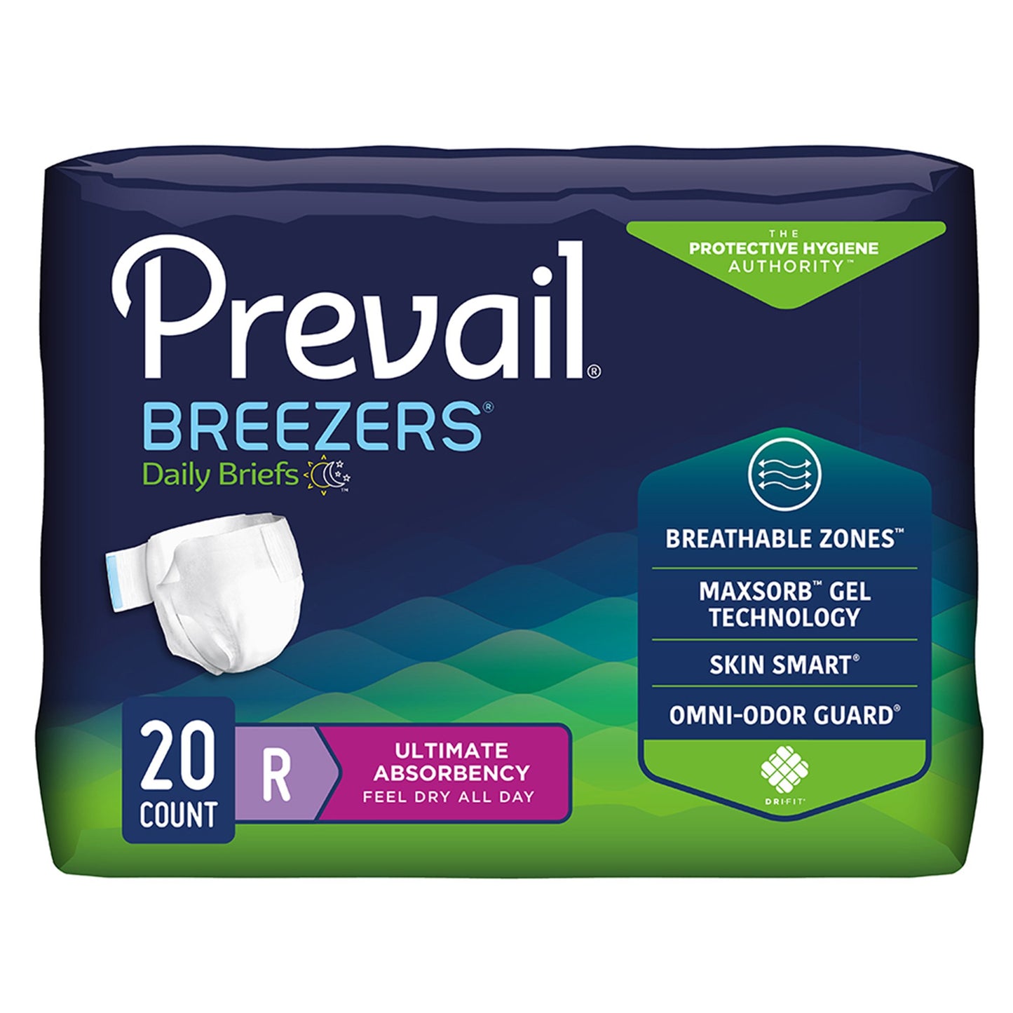 Package of Prevail Breezers Daily Briefs with features highlighted on a white background