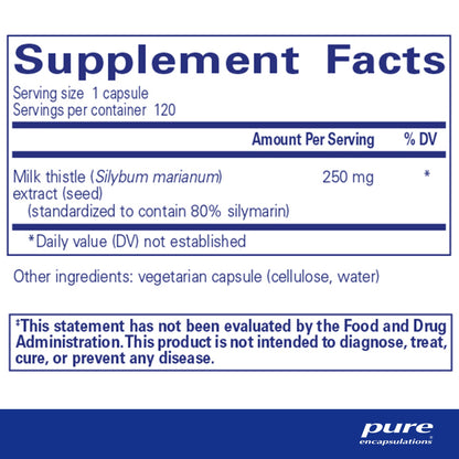 Supplement facts and ingredient information for a bottle of Pure Encapsulations Silymarin dietary supplement 