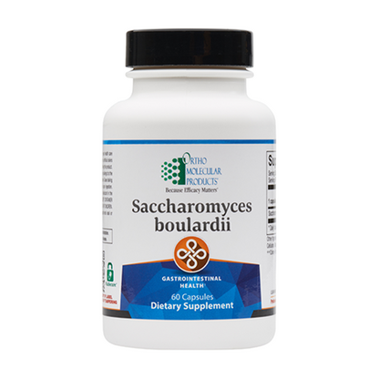 A bottle of OrthoMolecular Products Saccharomyces boulardii dietary supplement with 60 capsules, labeled for gastrointestinal health.