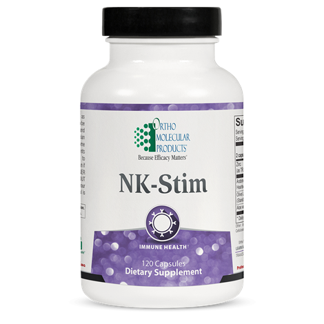 A bottle of OrthoMolecular Products NK-Stim dietary supplement with 120 capsules, labeled for immune health.